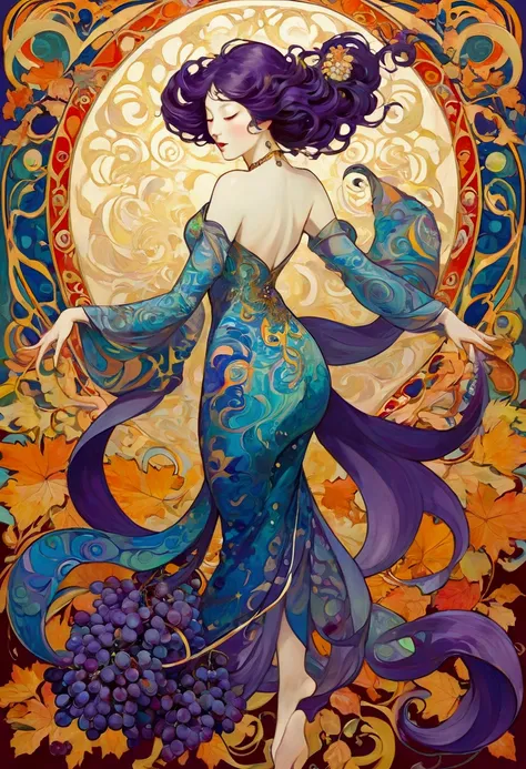 masterpiece, Hallucinatory, Tsuruta Ichiro Style Beauty Painting , Hypnotic Patterns , Abstract, Euphoric,  Fluid Shapes , Art Nouveau Painting , Grape,  jewelry, Thanksgiving,  flat illustration .  negative space in the shape of a dancing womans body, Gra...