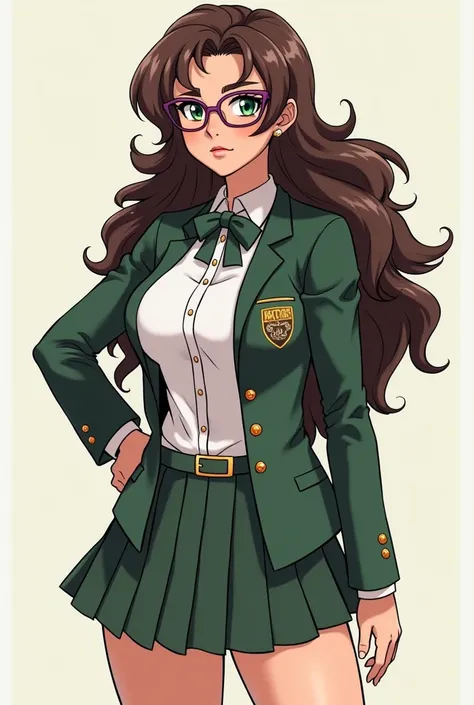 Make a girl in the style of JoJos Bizarre adventure part 4 based off of this description: 55" with a healthy, slightly athletic build. She has thicker thighs and a large bust (Double D- cups) and a smaller waist. She wears glasses and has long wavy brown h...