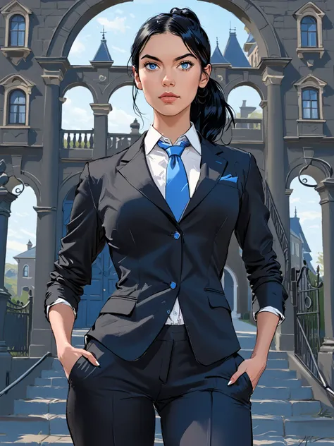 young woman with black hair, ponytail, blue eyes, tall and athletic, in a black suit, blue tie, classic pants, moccasin, in front of the gate, a dark mansion in the background, hand in pockets, sketch, realistic