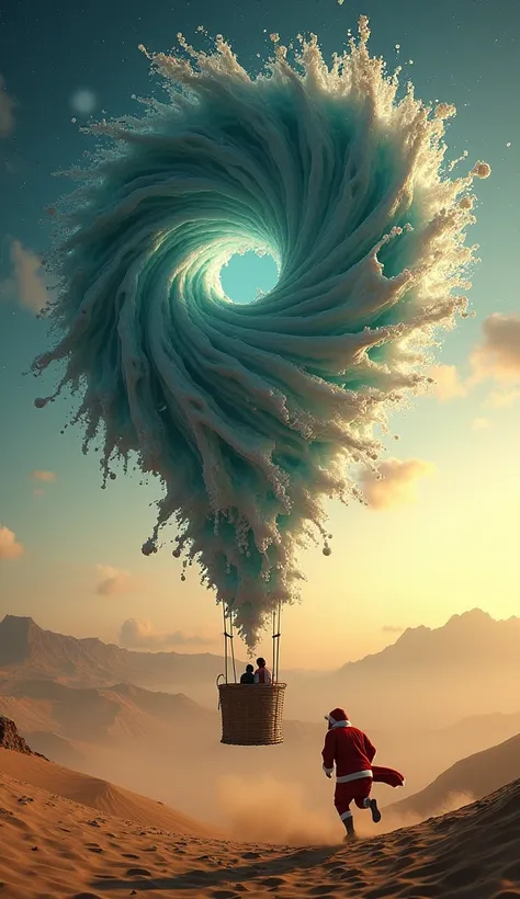 A surreal and visually stunning composition of a hot air balloon with a swirling vortex of water forming its balloon. The dynamic water flow creates a mesmerizing spiral, with droplets splashing outward in intricate detail. The basket is suspended over an ...