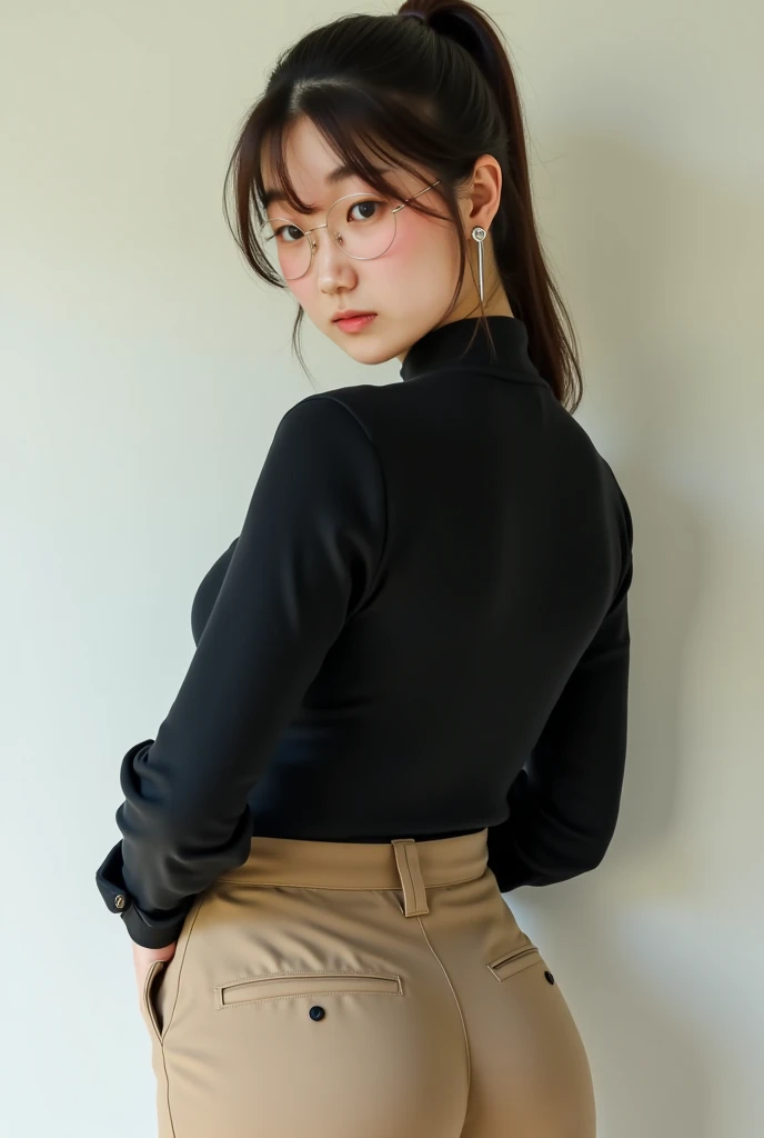 masterpiece, top grade, Beige pants ,Black clothes,japan,30 year old woman, very difficult face ,I can see your face,looking at camera,highly detailed face, ponytail, big butt,contour
