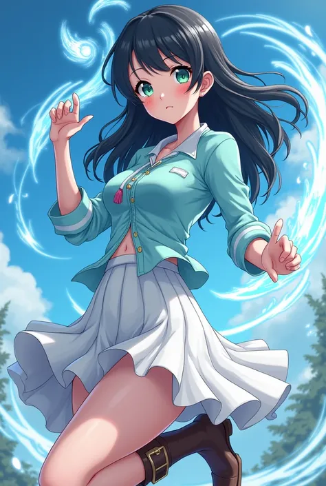 A One Piece-style anime girl with black ,  green eyes,  hair with powers that represent air wearing a pale blue shirt and a white skirt and pirate boots