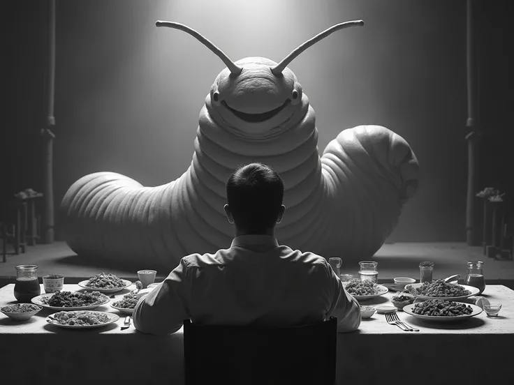 Create a surreal black and white surreal photo of back of a man, table full fill of food around him. He looking at the Giant very fat Worm with 2 long antenna above head afront of him. The Big Slug smile at the man