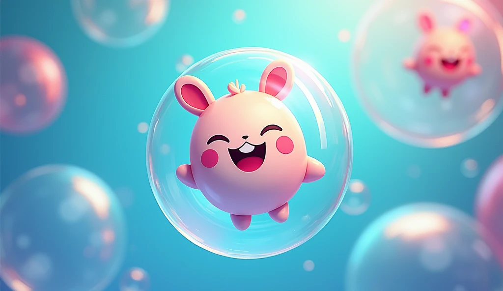 a cute  grinning inside big water bubbles, fun and whimsical, vibrant colors