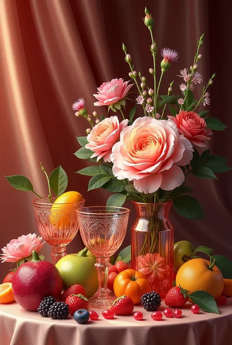 2 types of fruit 2 types of flowers drapery cloth and colored glass cups