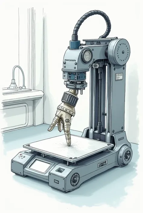 A hand drawing of a 3d medical AI printer creating a prosthetic right hand index finger for a magazine cover