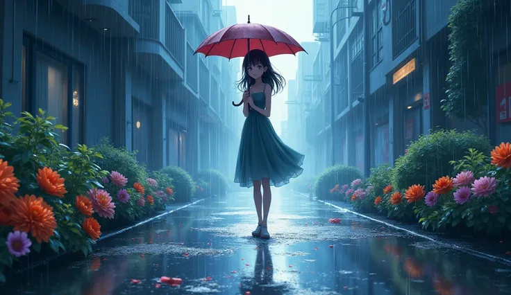 anime girl,umbrella,rainny,strong light and shadow，standing water，flower