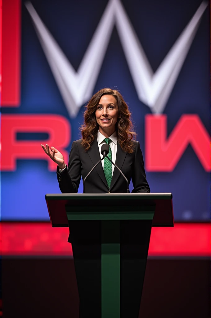 Presidential podium with Woman with Curly brown hair wearing black suit with green tie and WWE Raw logo large in the Background 