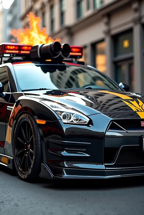 A black Nissan gtr r35 firefighter with a gold emblem, the Decepticon logo and a flamethrower embedded in the hood of the car