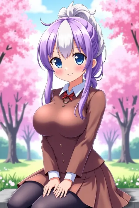  Smiling anime girl with long white hair and purple locks,  tied up in a princess hairstyle ,  blue eyes, brown schoolgirl outfit ,  big breasts and sitting in a park with pink trees