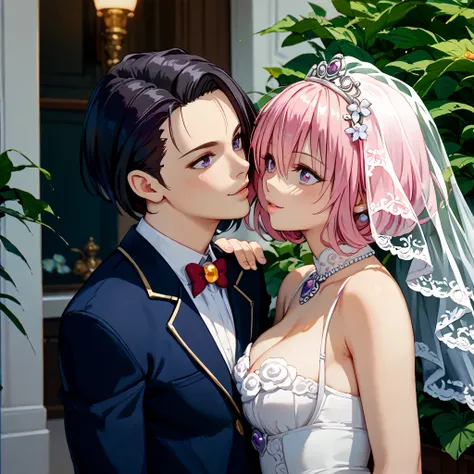 (( top quality )), ((masterpiece)), ( Details), （perfect face）、Pink-haired Momo Belia Devil Luke is wearing a gorgeous black bridal wedding dress、The wife next door brought me a 