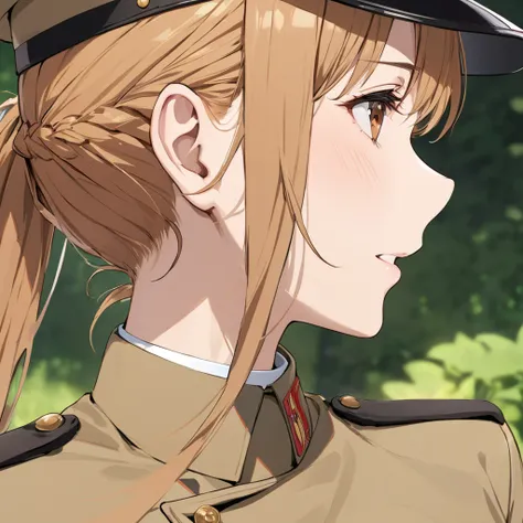 (( top quality )), ((masterpiece)), ( Details), （perfect face）、Yuki Asuna with bright brown hair is wearing a khaki military uniform and a military hat