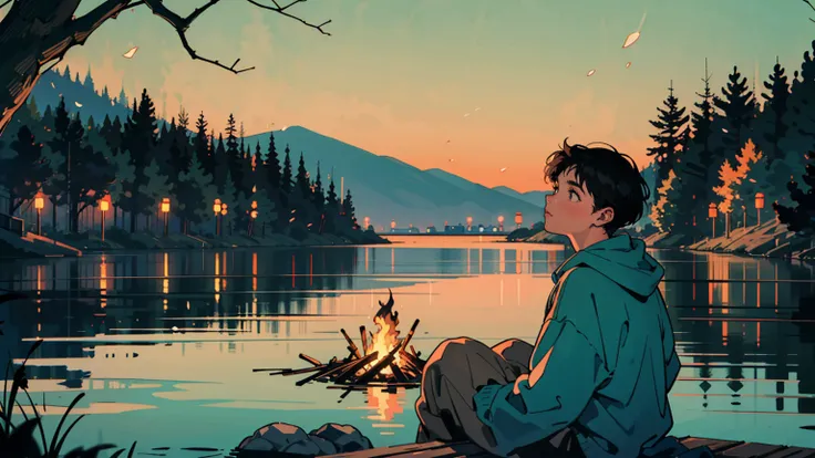 A serene riverside at night, illuminated by the warm glow of floating lanterns drifting gently across the water. In the foreground, a lofi boy is seated on a soft blanket near the edge of the riverbank, his back facing the viewer. He has messy hair and wea...