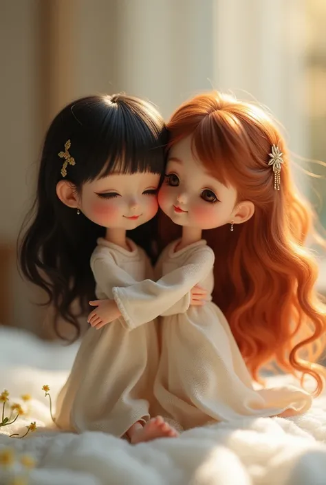 Two little dolls hugging ,  one brunette with dark hair and the other with Chinese copper hair