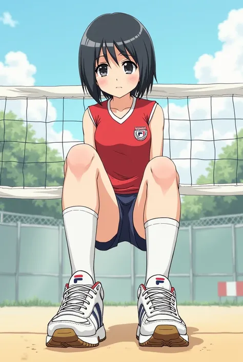 Japanese really tall super tall volleyball player girl short black straight hair wearing her uniform white long knee high socks muscular calves and big FILA white sneakers taking off her FILA sneakers to show her socks feet fetish anime drawing