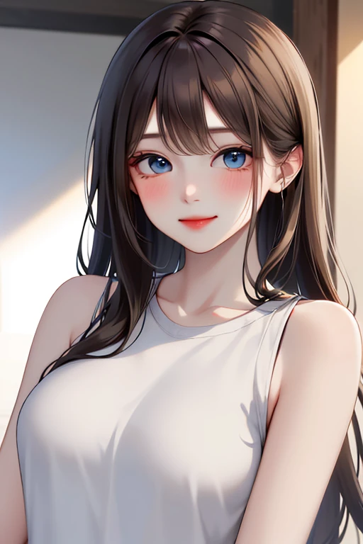 (college girl:1.2),1girl,fashi-girl, blue eyes, light brown hair, cute, looking at viewer, long hair, solo, half body,smile,red lips, closed mouth, blushing, bangs