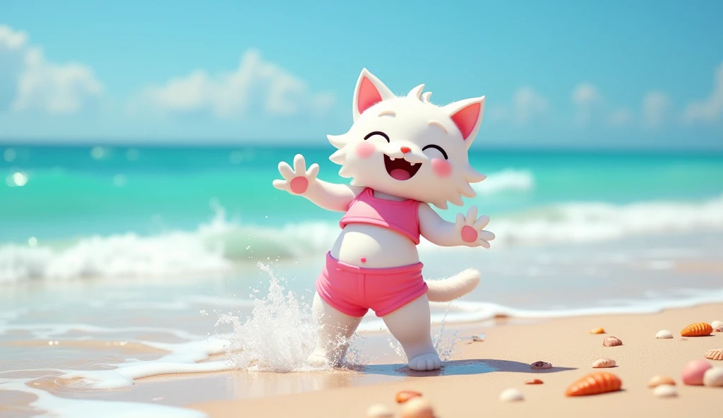 "A feminine anthropomorphic white cat wearing pink shorts and a matching pink crop top, standing joyfully at the edge of the ocean on a sandy beach. The cat is playfully splashing water with its paws, with a cheerful and happy expression on its face. The b...