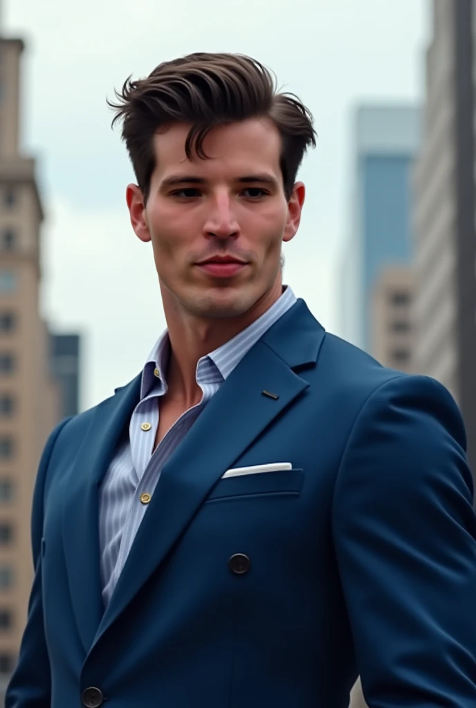  Create a 3x4 with a young man with the face of the photo, dark brown hair, The background can be buildings , with strong body, in a blue suit, sem rir 