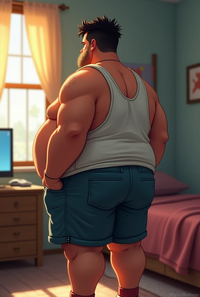 Young Adult Male character, Obese, fat thighs, fat butt, drawstring shorts, tank top, sweaty, nerdy gamer. In a bedroom. 