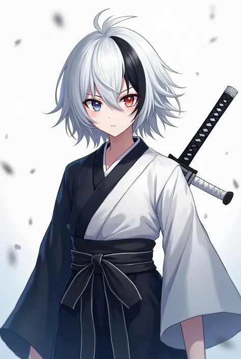  White-haired adolescent anime boy with a tuft of black hair with a red right eye with a red glow, the left eye white with a white Japanese hunters kimono and a black and white katana 