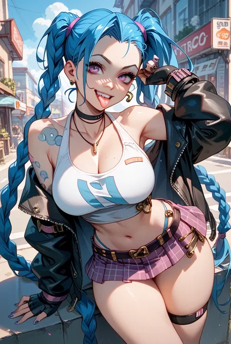 Jinx,  short skirt ,  big breasts, short topic, you can see the chest,  shows tongue,  anime style