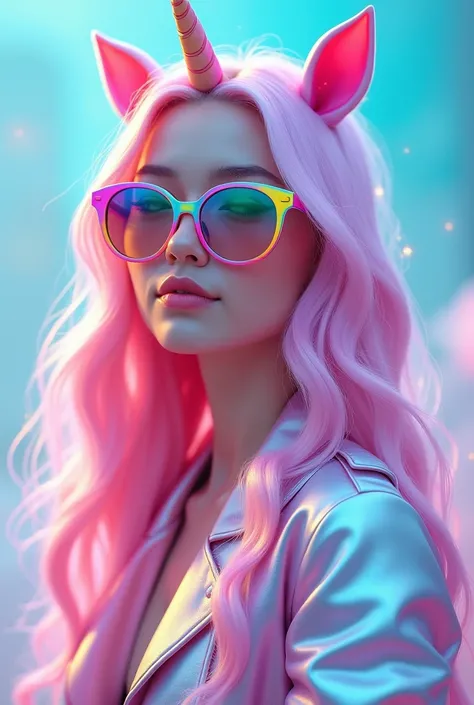 "Create a stylized portrait of a character with long, flowing pastel pink hair styled in waves, wearing vibrant oversized rainbow sunglasses. The character has unicorn-like features, including a small visible horn and subtle ears, adding a magical touch. T...