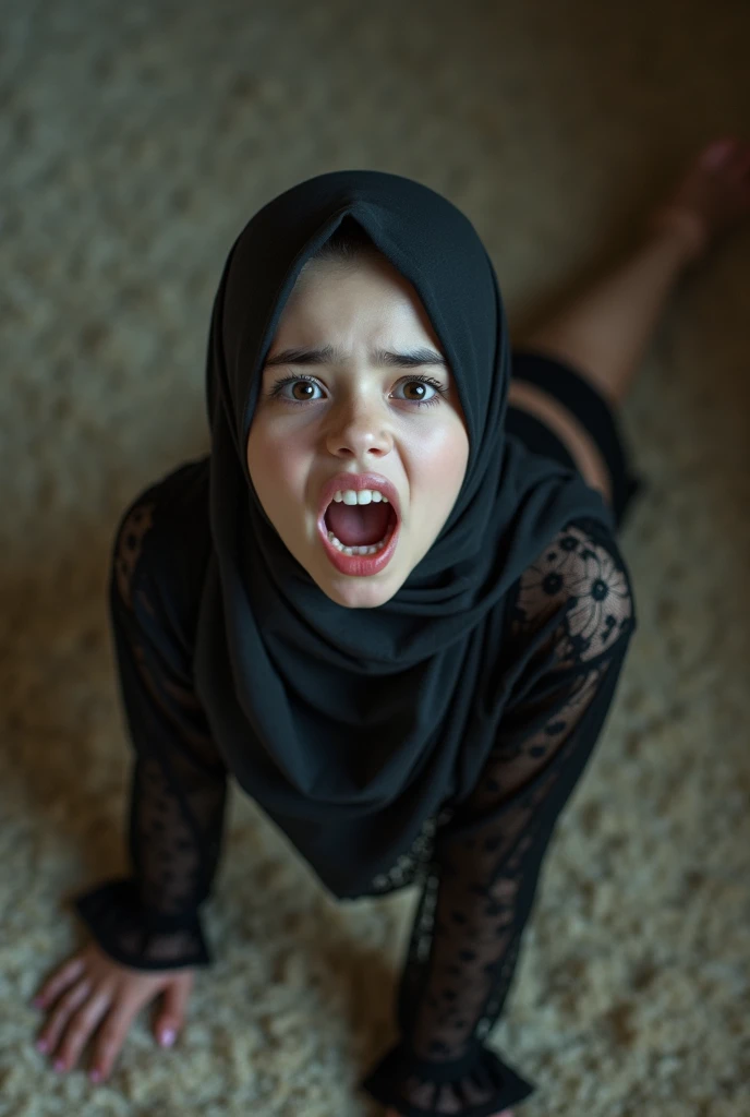  beautiful Indonesian hijab school girl with white skin, face without makeup,wearing thin tight lace lingerie , crawl,bulging eyes,open your mouth and scream on the carpet,HD image,full body photo, full body photo angle ,full body photo, high view,hyperrea...