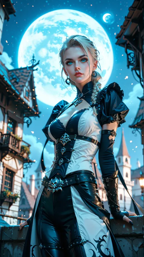  A female assassin wears a dark assassin outfit that exudes dead air， Aqua Blue Eyes ， the pupil of the beast ，On the roof of the stand ， Dark Night Sky ，Bright Moon