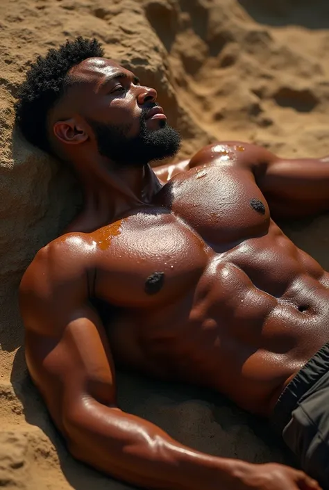 brown skin, muscle man, bulking, sweating, wet, shiny under sun, no shirt, very wet, shiny, lie on earth, precum