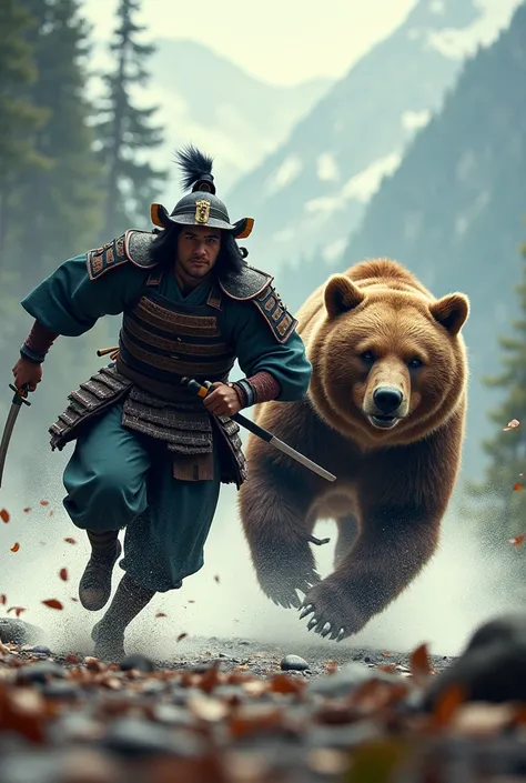  Make an image of a samurai raising a medium bear, Running with the Bear