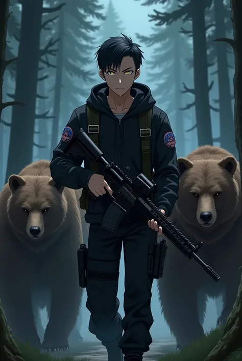 Anime-style picture of a man in his early twenties with short, slicked-back, black hair, a trimmed beard, and yellow eyes, wearing black tactical pants, a black sports jacket, and an AR-15 rifle on his walking with two bears. night forest scenery. high-qua...