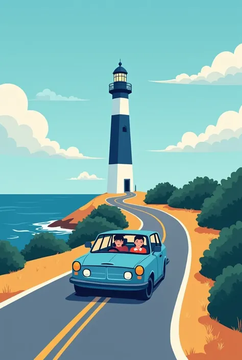 Poster for rules  ,  set against a background of a navy lighthouse on a road with a happy driver in the car going at the beginning of the road and the lighthouse at the end 