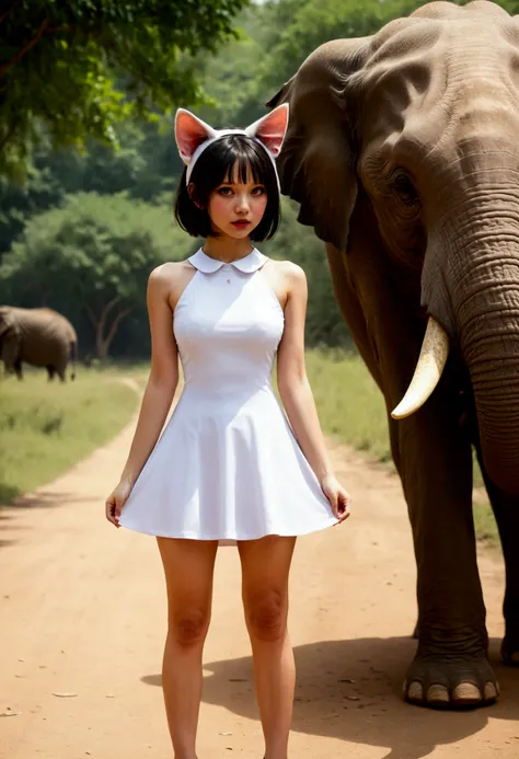 Cat eared girl (cute, simple back dress, comically nervous) is being approached by a big bull elephant, circud