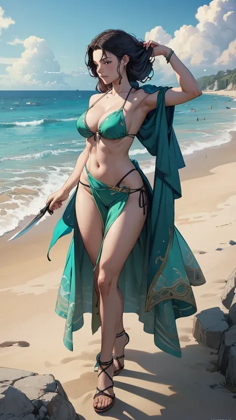 um arafed woman in a bikini posing on a beach near the ocean, realistic bikini,  by Kentaro Miura , by Yoshihiko WAdA, cute bikini, seductive anime girl, by Kinichiro Ishikawa, in bikini,  Deayami Kojima, extremely detailed artgerm, Ayami Kojima Amano, at ...