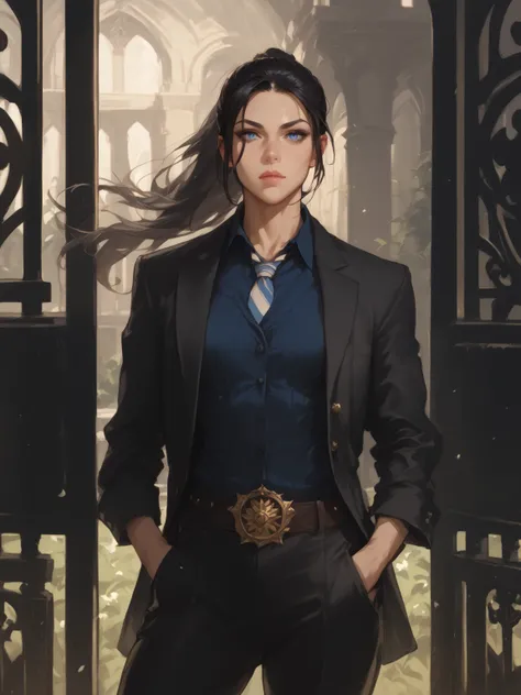 young woman with black hair, ponytail, blue eyes, tall and athletic, in a black suit, blue tie, classic pants, moccasin, in front of the gate, a dark mansion in the background, hand in pockets, sketch, realistic