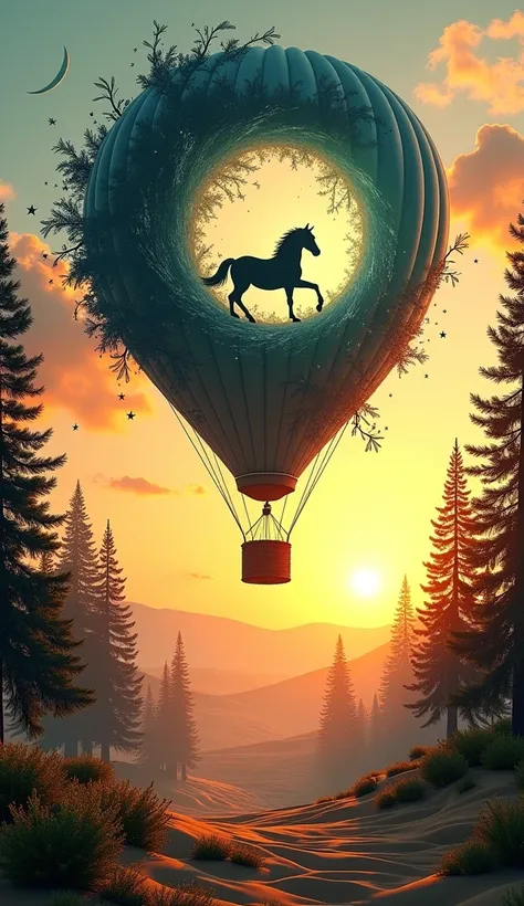 Mix media:"A majestic horse silhouette seamlessly blended with a vibrant, dreamlike double-exposure composition featuring a glowing sunset, lush green foliage, tall evergreen trees, and a fiery orange sky. Incorporate intricate floral details, ethereal lig...