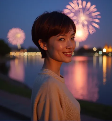   Beautiful Thai woman 45 years pixie cut almond-brown short hair, short and thick hair, strong and look good , soft tone   ,  Ultra-high-definition facial details   ,  Smile Closed lips, wearing shirt and sweater, creamy pants,  half body visible,  Lookin...