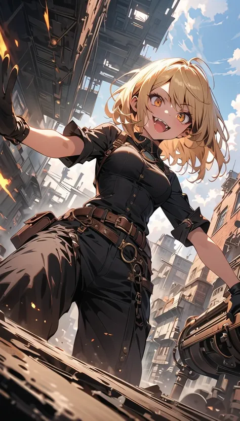 ( beautiful girl : 1.3), 1 girl,(Work clothes,goggles,belt,tool),Blonde, bob cut,smile,Reckless attitude,Evil face,Provocative attitude, with sharp eyes, dynamic angle, steampunk,Industrial Area , Gears and Pipes Miroku ,steam jet ,Vibrant streetscape,Mess...