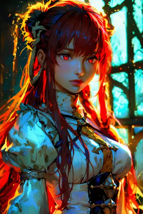  beautiful woman ,  in the front full body image ,  red hair pulling in the dark with locks of black hair,  long hair with a medieval hairstyle ,  and yellow and red eyes ,  in white leather, and degraded black lavios ,  of clothing attached to the body . 