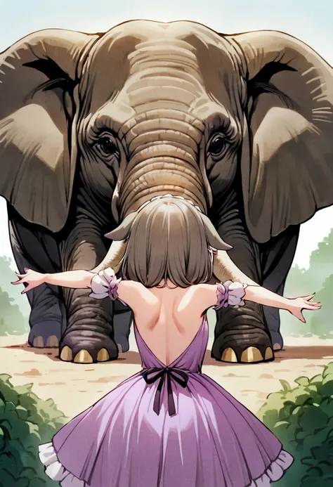 Cat eared girl (cute, simple back dress, comically nervous) is being approached by a big bull elephant, circud
