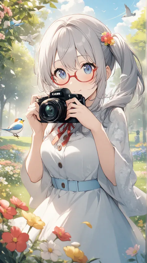 1 girl,  Grey Hair,   blue eyes, side ponytail, red rimmed glasses、 Expansive Park 、spring 、Flowers bloom 、Hold the camera、bird、