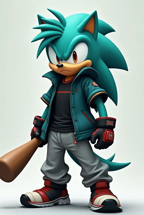 Mobian, male, hedgehog, big hair bangs, tall and slender, aqua color quills, ((dark teel jacket, black t shirt, gray sweatpants)), holding baseball bat, serious look