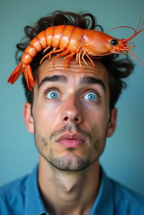 The face of a young man type American eyes blue big look is directed upwards surprised looks at the brain Surprisingly, instead of a brain in his head, there is a rotten shrimp, he wears a Blue Shirt and his face is aimed at the phone lens photography styl...