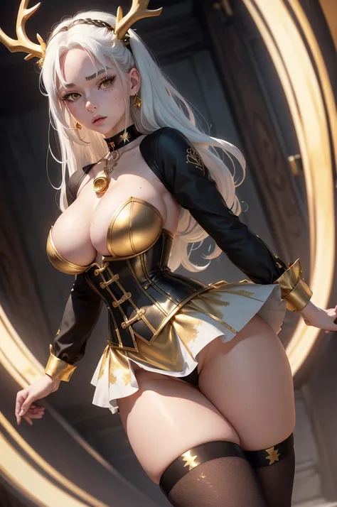 Anime, Female, White Hair, Gold Eye Color, Large Gold Antlers, Face Freckles. Twirly Cute Hair updo, Black Corset, Black Mini Skirt, Pale skin, Big Breasts, Thin Waist, Thick Thighs, Thigh High Socks, Neck Choker with a bell, Gold Jewelry, ultrasharp, 8K, ...