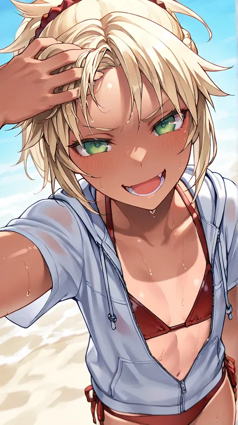 fgomordred
High quality ,  top quality , masterpiece,  high res, detailed face , anatomically correct, 
 detailed face 
緑の目,Blonde,  ponytail,  short hair, scrunchie,  red scrunchy ,  Hair Scrunchy,  flat chest, slightly toned body, a woman with a cool fac...