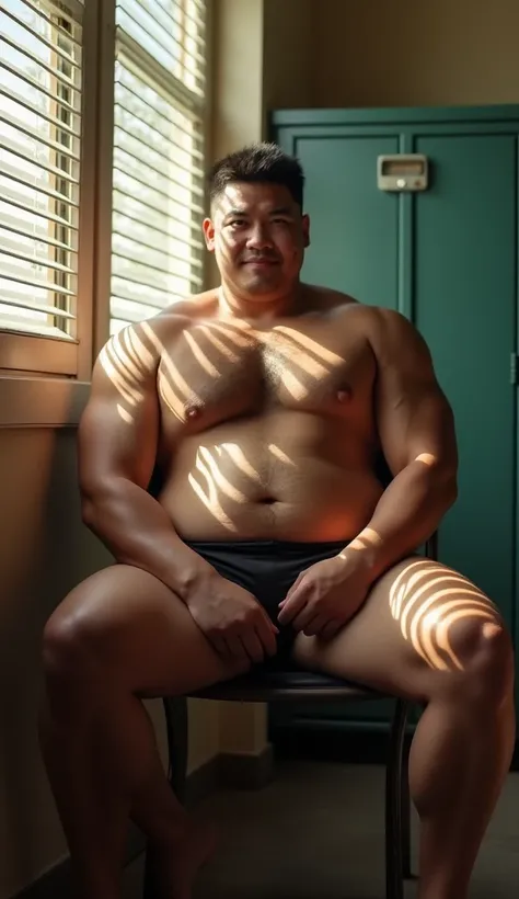 A 23-year-old fat THAI man with a muscular build like a weightlifter,looking at viewer,short hair, no shirt, a tiny black underwear , and chest hair, is sitting on a long chair in the locker room. Sunlight streaming in from the louvered window makes the ro...