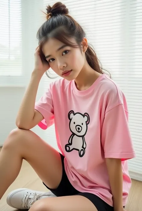 "Create a casual, oversized pink T-shirt with a simple cartoon bear print on the front. The bear design should include a cute and minimalist style, with bold outlines and soft features. The model wearing the T-shirt is seated casually, with one hand restin...