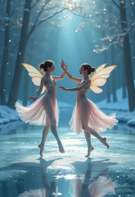 A beautiful dance on ice featuring two enchanting fairies, dressed in glossy dresses, realistic and fantastical atmosphere, ethereal lighting, intricate details, whimsical background, soft glows, elegant poses, magical winter scenery