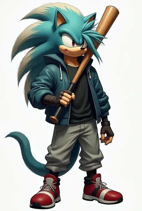 Mobian, male, hedgehog, big hair bangs covering right eye, tall and slender, aqua color quills, ((dark teel jacket, black t shirt, gray sweatpants)), holding baseball bat, serious look