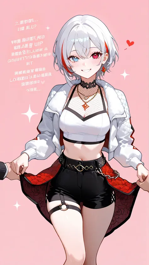 1girl, short hair, silver hair, solo focus, Highress, 2k, full body illustration, 
Eyes:
heterochromatic, left eyes is blue, right eyes is red. 
Clothing Description:

Top: Wearing a white crop top with black straps, layered with black mesh covering the ne...